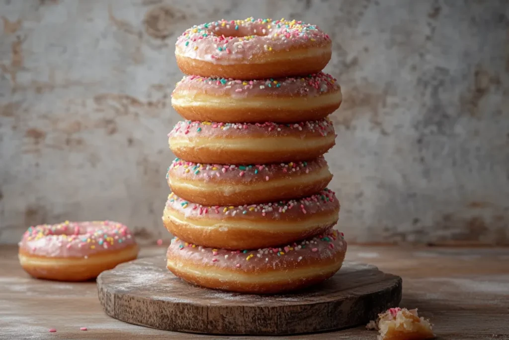 Donut tower assembled with multiple tiers of glazed and sprinkled donuts on a cake stand