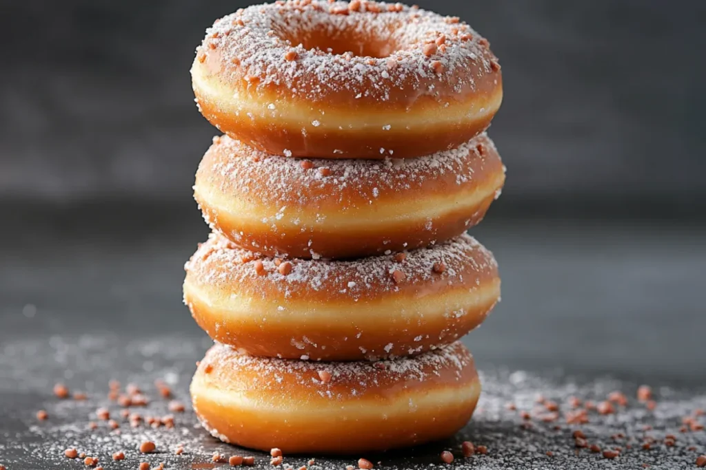 Donut tower assembled with multiple tiers of glazed and sprinkled donuts on a cake stand