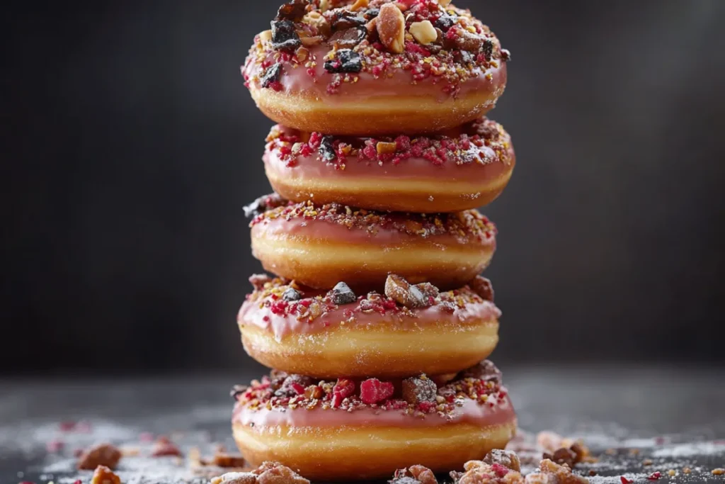 Donut tower assembled with multiple tiers of glazed and sprinkled donuts on a cake stand