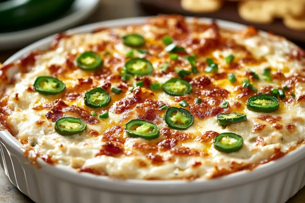 A bowl of creamy jalapeno popper dip topped with crispy breadcrumbs and fresh jalapeno slices, served with tortilla chips.