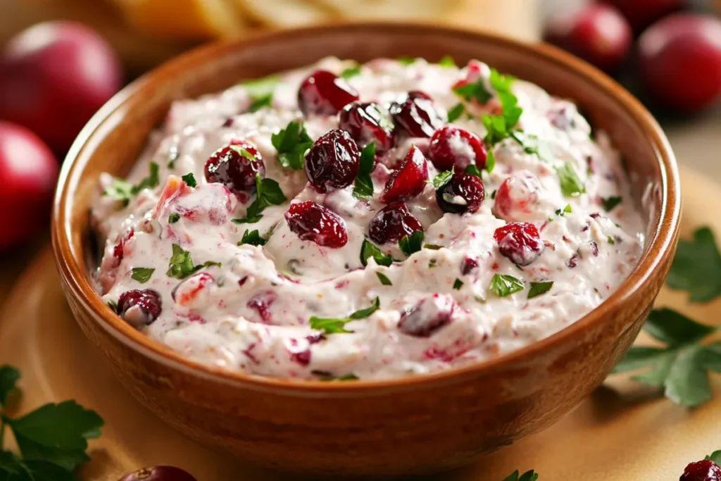 Costco Cranberry Jalapeno Dip spread on crackers and served as a party appetizer.