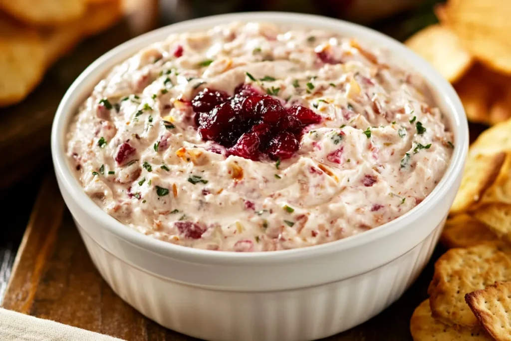 Costco Cranberry Jalapeno Dip spread on crackers and served as a party appetizer.