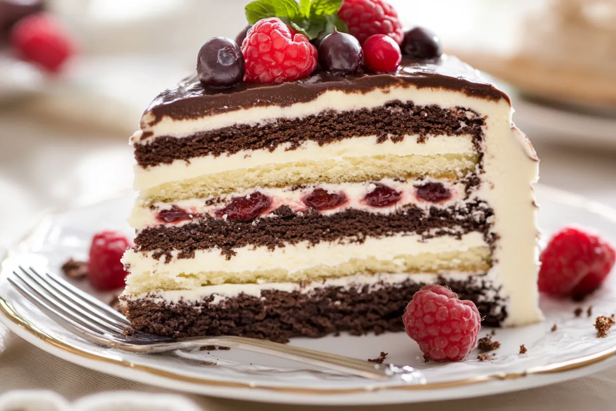 Layered Costco Tuxedo Cake with chocolate mousse, brownie chunks, and ganache